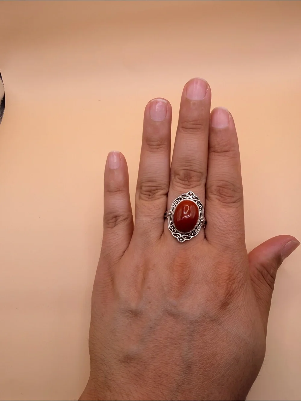 925 Sterling Silver Orange Jade Ring Size 10.5.